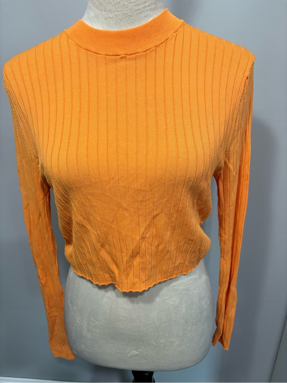 Zara Orange Ribbed Mock-Neck Long Sleeve Crop Top